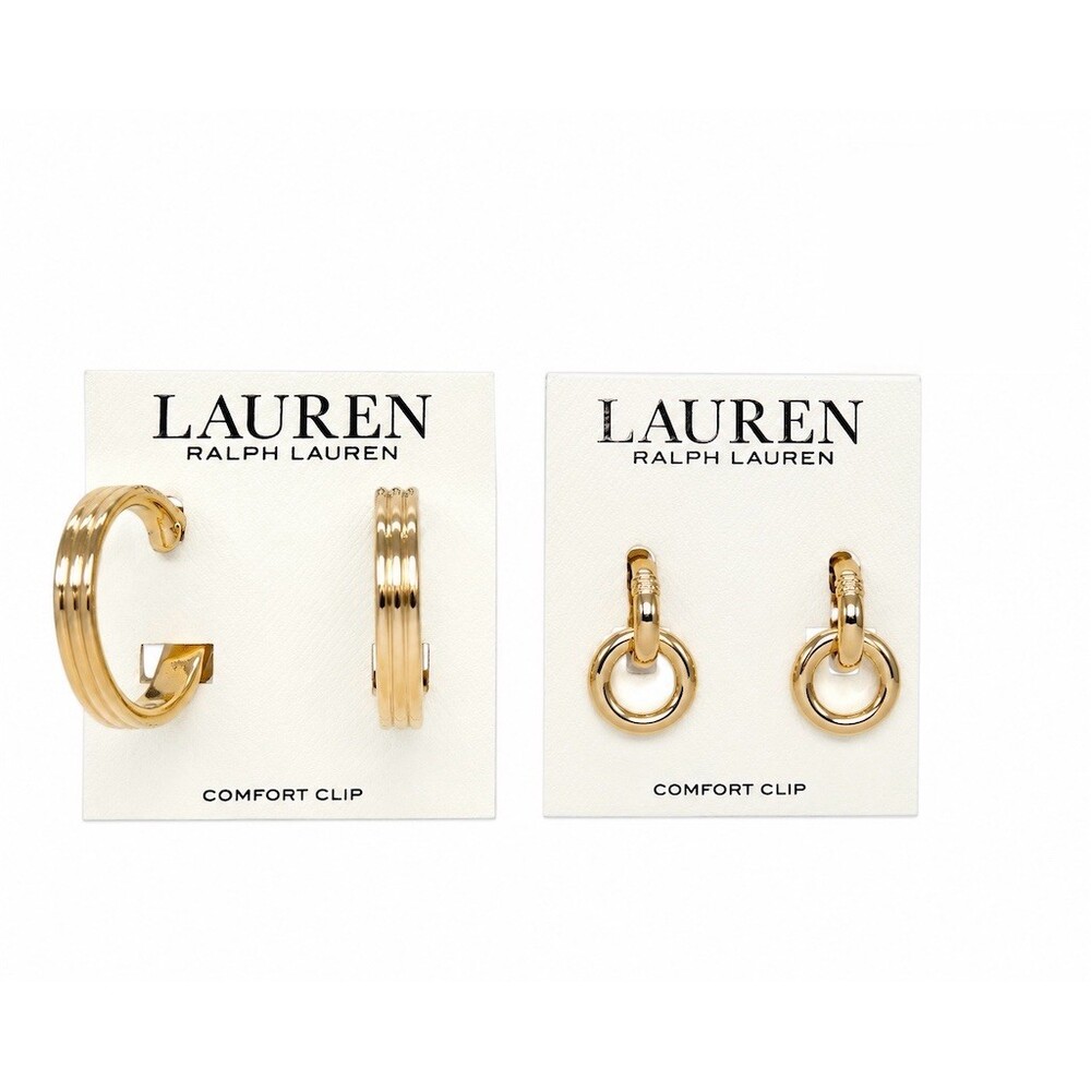 2 pair Lauren Ralph Lauren Earrings Gold Clip-On Comfort Clip Hoop statement